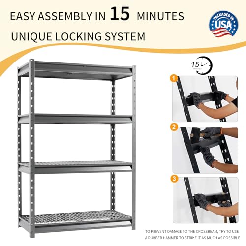 Image of The Atlas 48 inch W Heavy Duty Garage Shelving Unit Load 12000 Lbs, 4-Tier Metal Shelves for Storage, Adjustable All Steel Industrial Shelf, 48 inch W x 24 inch D x 72 inch H, Grey