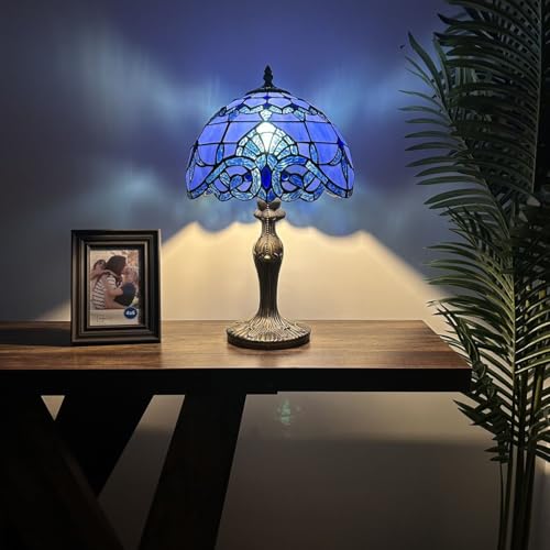 enjoy decor lamps Stained Glass Table Lamp Blue Baroque Style LED Bulb Included for Living Room Bedroom Bedside 12" W*12" D*19" H