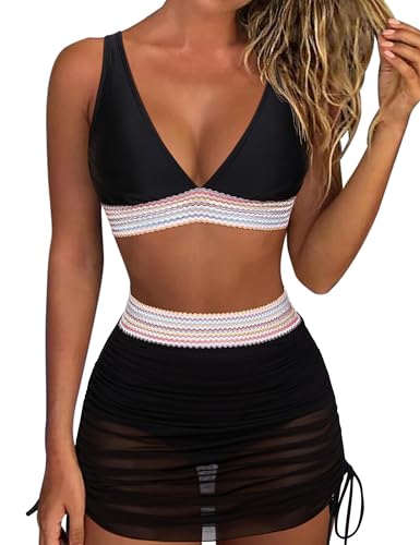 RXRXCOCO Mesh High Waisted Bikini Sets for Women Tummy Control Bathing Suits Color Block Two Piece Swimsuits with Skirt