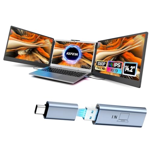 Image of KEFEYA 14.2 inch Portable Triple Monitor & H6 USB Video Transmission Hub, Data to Video Signal Conversion Hub Laptop Screen Extender, Compatible with M1 /M2 /M3 MacBook