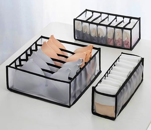 Image of atorakushon Fabric 6 Cell Bra Compartment Wardrobe Organizer /Closet Storage Box for Underwear /Socks /Ties /Scarves /Bras /Lingerie /Almirah Storage Solution Foldable Drawer Organizers (Set of 3 Black)