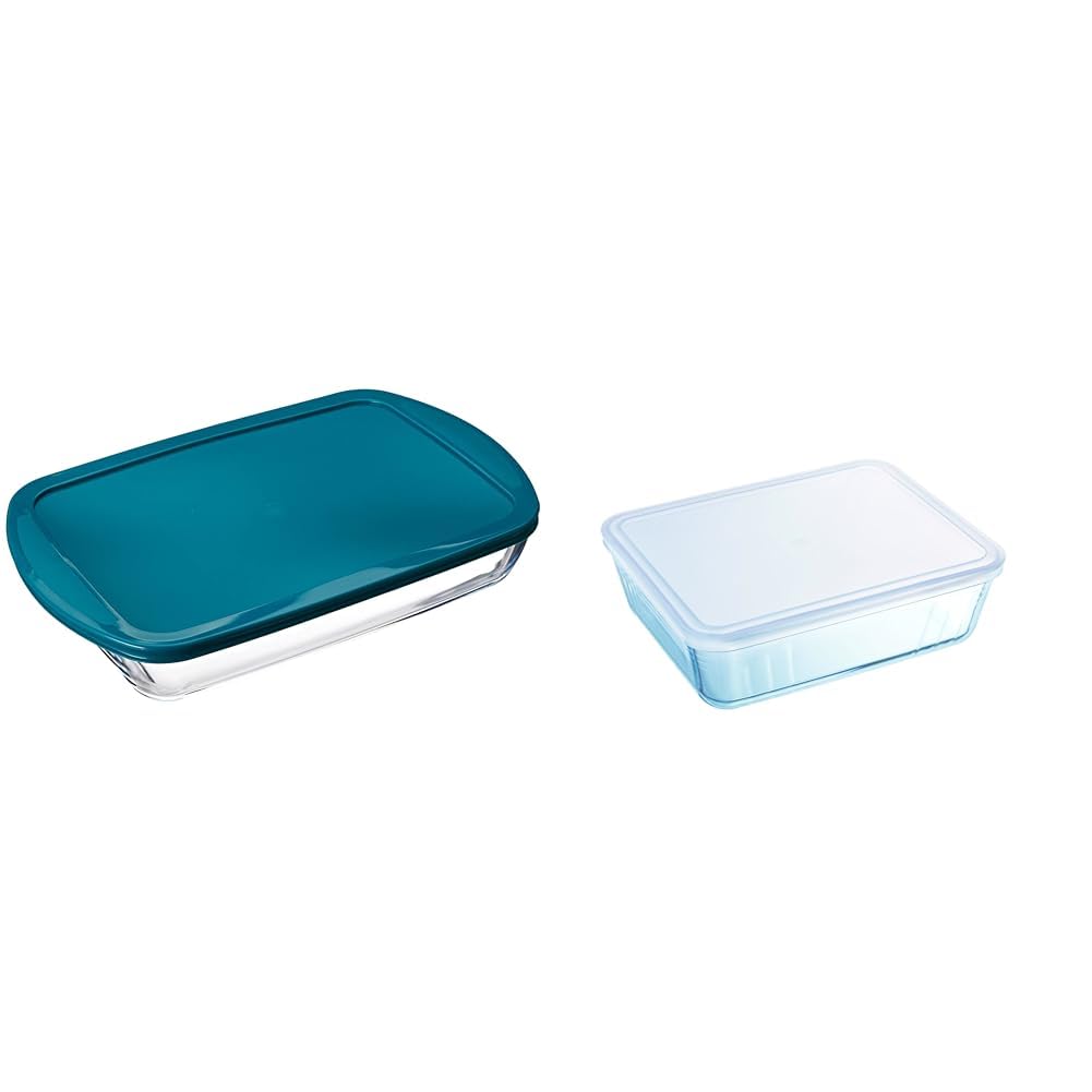Pyrex FTE RECT PX Verde con Tapa 40X27CM 4,5L Fuente para Horno, Vidrio borosilicato, Multicolor & Classic - Recipiente rectangular de vidrio con tapa, 24 x 19 x 8 cm, 2.6 Litros