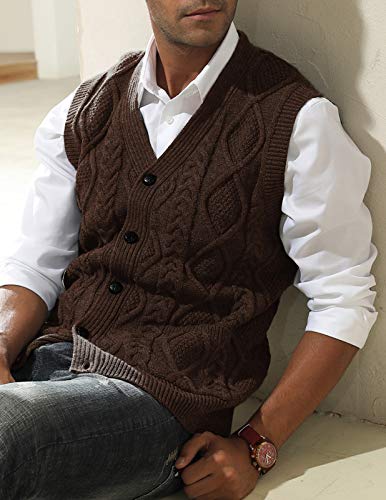 Image of PJ PAUL JONES Mens Cable Knit V Neck Sweater Vest Button Up | Sleeveless, Cardigan Sweater Vests with Pockets, Button Down, Knitted, Patterned, Regular Fit, Vintage, Retro, Dress, Casual