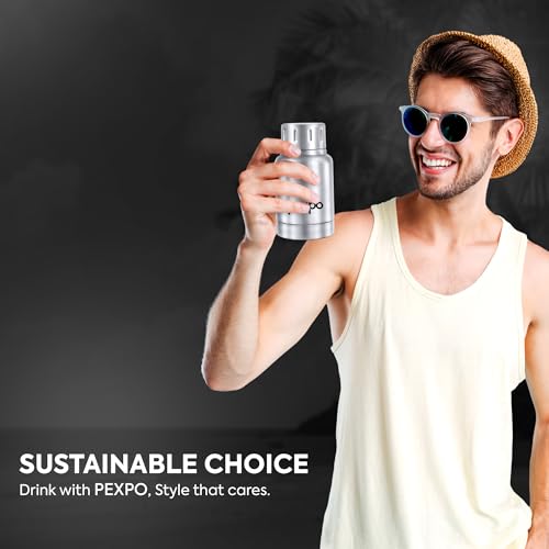 Image of PEXPO Bravo 980ml - Knight Black and Cameo 160ml - Silver Stainless Steel Water Bottle ISI Certified | for Home, Office, Gym, Travelling