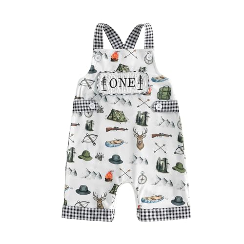 LZUBCPY First Birthday Outfit Boy One Happy Camper Woods Theme Smocked Romper Shortall Jumpsuit Overalls Cake Smash Photo (White 12-18 Months)