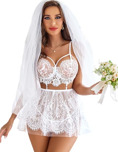 Avidlove Womens Babydoll Lingerie Lace Sleepwear Nightgown Dress White Large
