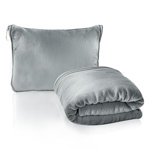 2 in 1 Travel Blanket and Pillow, Soft Micro Plush Portable Airplane Blanket, Ultralight Travel Blanket, Compact Foldable Flannel Blanket for Flights, Car, Business Trips