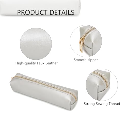 Image of Faux Leather Color Pencil Case Multifuncional and Simple with Zipper for School (Pearl Silver)
