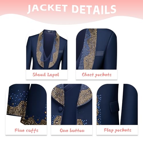 Men's 3 Pieces Suit Slim Fit Tuxedo with Rhinestone Design Shawl Lapel Blazer One Button Jacket Vest Pants Set3