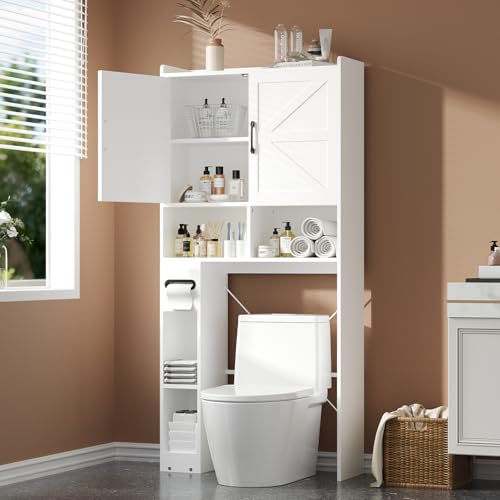 FURSUN 32' Extra Wide Over The Toilet Storage Cabinet, 7-Tier Bathroom Organizer with Metal Frame & Barn Doors, Space-Saving Farmhouse Toilet Shelf with Paper Holder & Adjustable Shelves, White