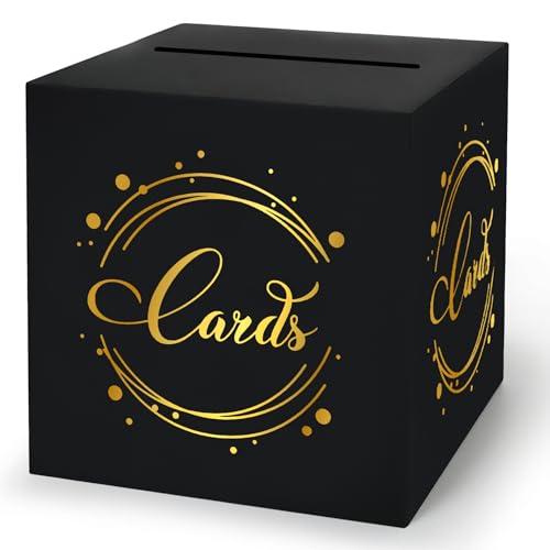 Image of 1 Pack Black and Gold Foil Card Box for Party, 8.7 inch Black Gift Card Box Money Box for Birthday, Wedding, Baby Shower, Retirement, Anniversary, Bridal Shower, Raffle Ticket