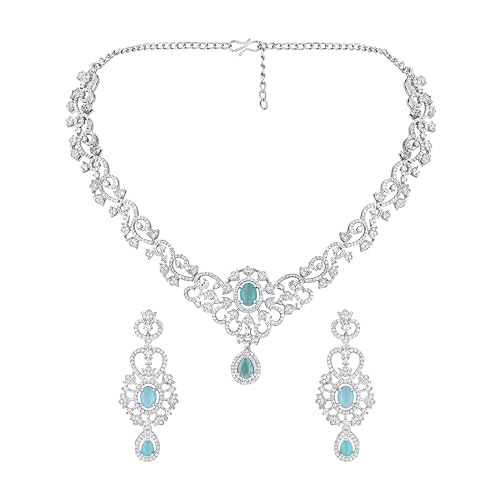 Image of ASMITTA Rhodium Plated Choker Jewellery Set for Women Girls | Silver Toned White & Baby Pink CZ American Diamond Necklace Earrings Combo | Stylish Contemporary Jewelry for Wedding Party