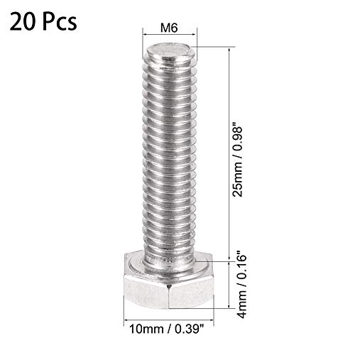 Image of 20 Pcs M6 Hex Bolt M6-1 x 25mm UNC Hex Head Screw Bolts A2-70(304) Stainless Steel Fully Threaded Hex Tap Bolts,Plain Finish,Fully Threaded (M6 x 25mm)