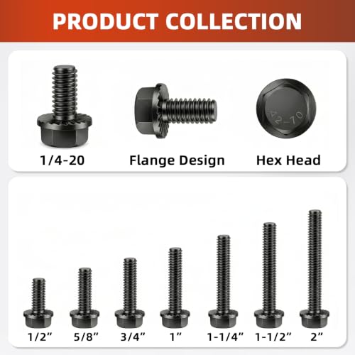 Image of Mellewell 1 /4-20 x 3 /4 inch Flanged Hex Head Bolts Flange Hexagon Screws, Stainless Steel A2 Black Finish, DIN 6921, 50 PCS