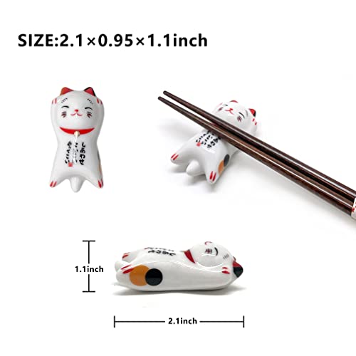 Lanhuths Wooden Chopsticks Reusable 5 Pairs Gift Set With 5Pcs Porcelain Rest Lucky Cat Design Hand-Made 8.8 Inch/22.5Cm #TOP4