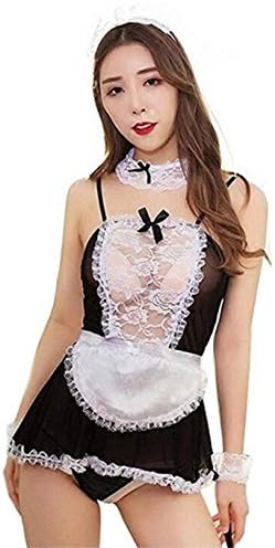 Allmloers Plus Size Sexy Maid Lingerie French Maid Outfit Cosplay Lace Outfit Sets for Women (Black with White, XXXL(Fit Weight 165-198lbs))