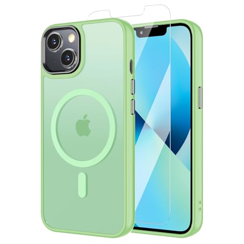 BPOASE Magnetic Case for iPhone 13, iPhone 14 with Screen Protector, [Compatible with Magsafe] Ultra Slim Translucent Matte Shockproof Protection Phone Cover-Matcha Green