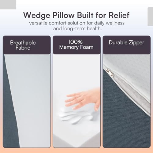 Image of Memory Foam Orthopedic Wedge Pillow for Back, Neck, Leg Support, Pregnancy, GERD, Acid Reflux, Snoring & Post-Surgery Relief - Soft Washable Cover - White & Grey (46 x 52 x 46 CM)