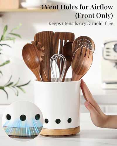Image of LoeJan 7.3 inch 360 Rotating Ceramic Utensil Holder for Kitchen Countertop - Cooking Utensil Crock Organizer with Non-Slip Cork Base for Farmhouse Kitchen Decor, White