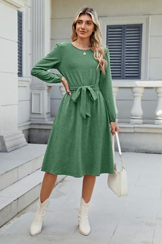 Image of Newshows Womens Long Sleeve Casual Dresses 2025 Business Work Teacher Fall Church Belted A Line Flowy Midi Dress