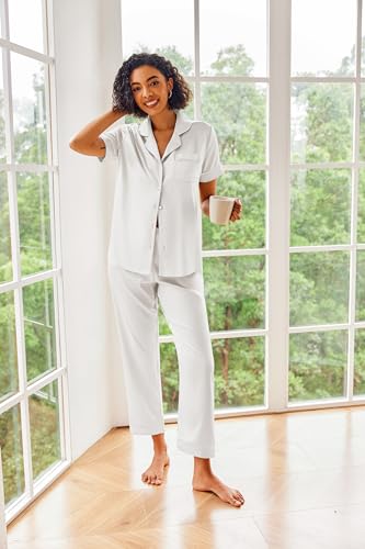 Image of Ekouaer 2 Piece Satin Short Sleeve Pajamas Set Button Down Sleepwear | Soft Pjs Set Classic Loungewear for Wedding, Party, Home, Daily Wear, Date Nights