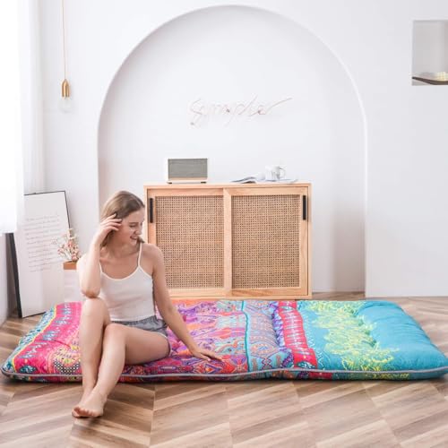 Image of MAXYOYO Bohemian Retro Mattress Boho Floral Japanese Futon Mattress Tatami Floor Mat Foldable Portable Camping, Sleeping Pad, Lounger Couch Bed Full Size