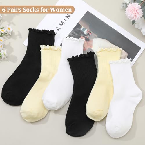6Pairs Ruffle Socks for Women Lightweight Breathable Thin Cuff Frilly Sock Cute Casual2