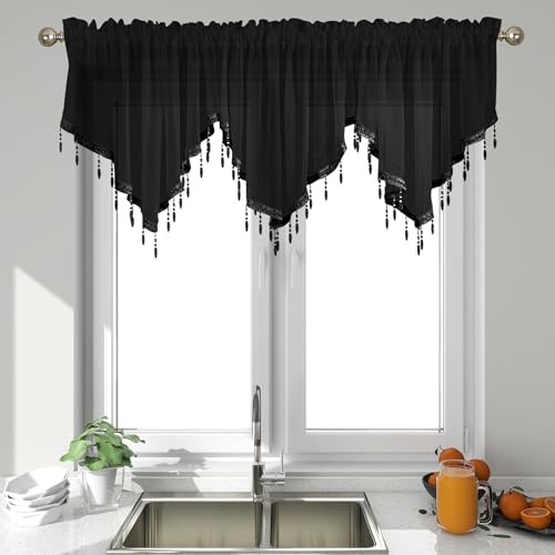 Gostady Beaded Triangle Sheer Valance Curtains Rod Pocket Bead Trim Tassel Voile Sheer Curtain Valance Sheer Lace Panels For Farmhouse Kitchen Bedroom Window Treatments Drape Decor thumb #3