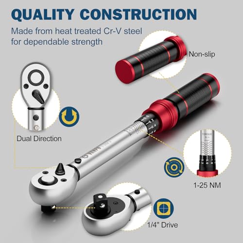 VANPO Drehmomentschlüssel 1/4,1-25NM, 32-tlg Klein Drehmomentschlüssel Fahrrad & Motorrad Set mit Verlängerungsstange, Sechskant, Torx & Kreuzschlitz, 72 Zähne, für Fahrräder, Mountainbike-Reparatur