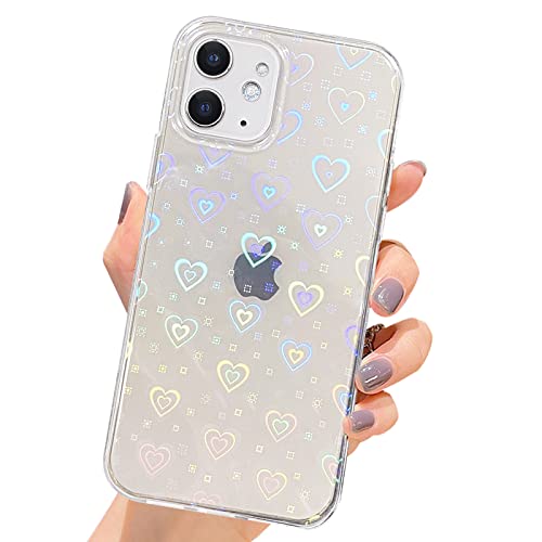 SmoBea Compatible with iPhone 12 or 12 Pro Case, Clear Glitter Holographic Laser Love Heart Pattern, Soft TPU and Hard PC Shockproof Fashion Slim Protective Case for Girls/Women Cover