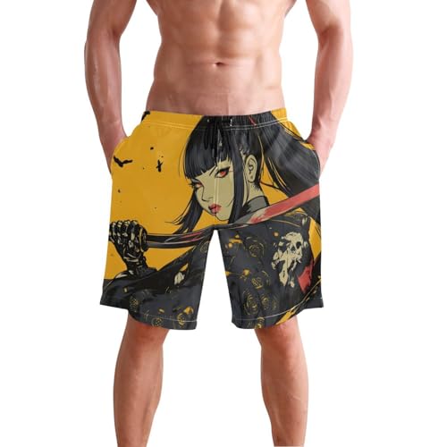 Men Swim Trunks-Woman Samurai, Beach Shorts with Inner Lining Quick Dry Board Shorts S
