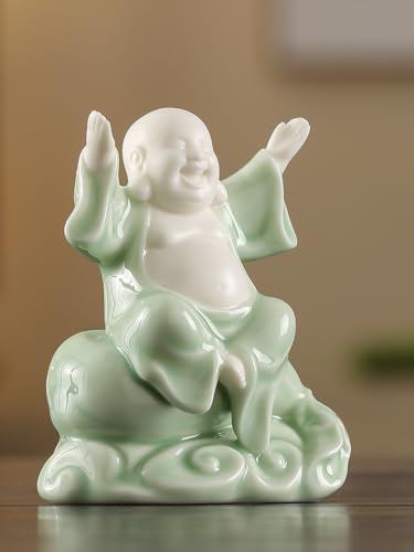 Estatua Pequeña de Buda Risueño Verde de Cerámica 4.5 pulg. miniatura 3