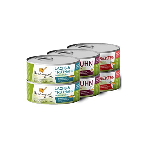 I love my cat Starter-Paket mit Katzenfutter Nass Huhn Insekten Lachs und Truthahn Frei von Getreide und Anderen Ungeeigneten Inhaltsstoffen Enthält Natürliche Zutaten 6x100g