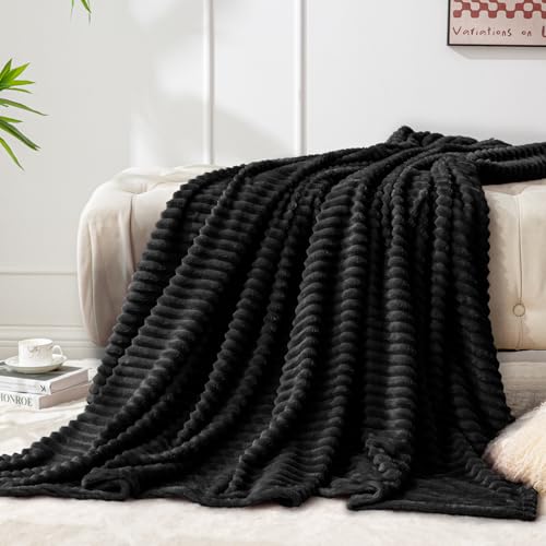 Image of BEDELITE Fleece Throw Blanket for Couch - 3D Ribbed Jacquard Soft and Warm Decorative Fuzzy Blanket - Cozy, Fluffy, Plush Lightweight Black Throw Blankets for Bed, Sofa, 50x70 inches