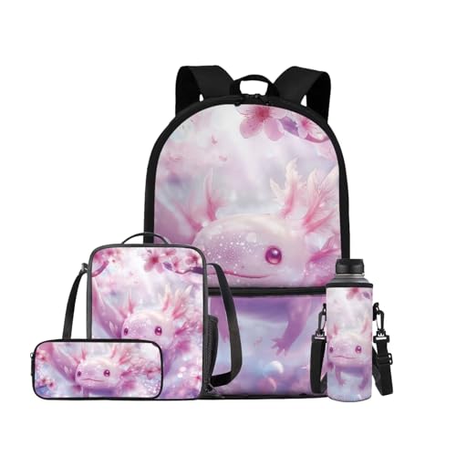 XXQGOMG Conjunto 4 em 1 de mochila escolar e lancheira para meninos e meninas, Axolotl, One Size, Mochilas daypack