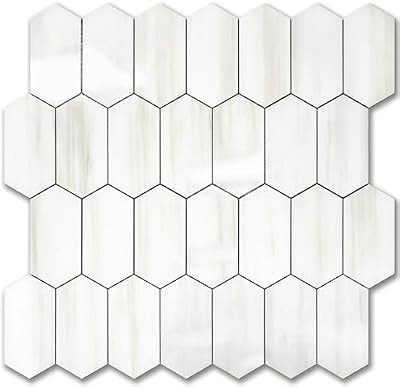 Vamos Tile Long Hexagon Peel and Stick Backsplash Tile - 10 Sheets Stick on Backsplash for Kitchen and Bathroom 12.4 x 12 Inch Glossy Dolomite White PVC Self Adhesive Mosaic Wall Tiles