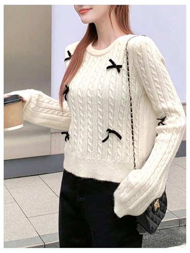 Image of BEAUDRM Women's Bow Decor Cable Knit Sweaters Crew Neck Long Sleeve Pullover Tops White Large