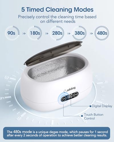 Adiding Jewelry Cleaning Machine, 650mL (23oz) Ring Sonic Cleaner Machine for Glasses, Earring, Denture, Retainer, Watch Straps, Razor -5 Cleaning Modes, Digital Timer, SUS304 Stainless Steel - Thumbnail 6