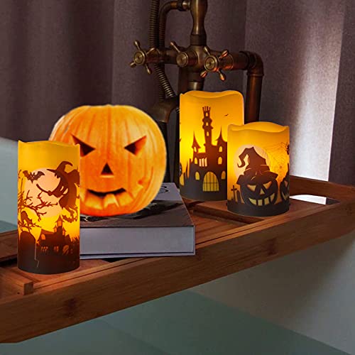Image of CANDLE CHOICE Halloween Flameless Candles with Remote Timer Real Wax Realistic Flickering Battery Operated LED Pillars with Decals Pumpkin Castle Bat Spider Witch for Halloween Party Decorations 3 PCS