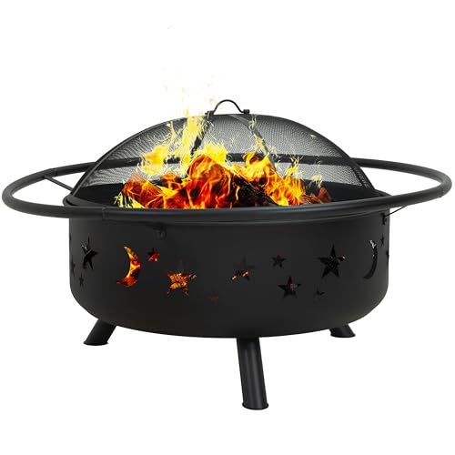 Image of Sunnydaze Cosmic 42-Inch Large Outdoor Fire Pit - Wood-Burning Firepit for Outside Patio, Backyard, Deck - Steel - Wood Grate, Spark Screen, and Fireplace Poker Included - Black - 31 inch Bowl Diameter