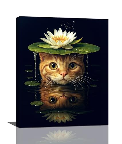 Cat Bathroom Wall Art For Woman Water Lily Kitten Canvas Wall Decor Oriental Asian Pictures Paintings Prints Vintage Aesthetic Artwork Framed Decorations For Bathroom Bedroom Living Room Office Gifts 16" x 20"