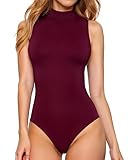 MANGOPOP Women's Mock Turtle Neck Sleeveless Tank Tops/Short Sleeve Bodysuit Leotard Clothing (Sleeveless Burgundy, Large)