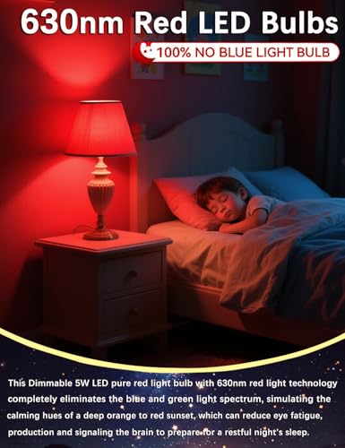 Image of 630nm Red Light Bulb for Sleep Dimmable, 100% Blue Light Blocking, Promotes Melatonin Production, E26 A15 LED 5W Red Dim Night Light for Baby's Bedroom, Sleeping, 6Pack