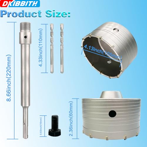 Image of 4-1 /8 inch Concrete Hole Saw, 105mm Tungsten Steel Core Bit for Cinder Block, Brick, Rock, Plank Walls for Pipes or mini Split Lines, with SDS Plus Shank and 2 Center Positioning Drill Bits.