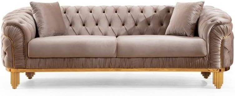 Pemberly Row 2 Piece Living Room Set, Velvet Upholstery in Taupe, Sofa and Love Seat, Button-Tufted Design, Gold Metal Legs, Foam Cushions with Faux Fur Pillows, Glam Style for Family Gathering Spaces