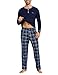 Litherday Schlafanzug Herren Lang Baumwolle Zweiteiliger Pyjama Set Männer für Winter mit Langarm Rundhals Oberteil & Schlafanzughose Kariert Marineblau L