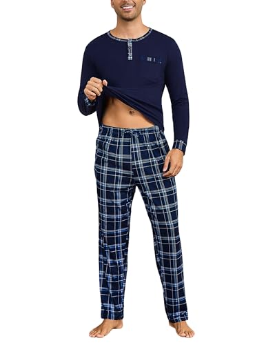 Litherday Pijama Hombre Invierno Algodón Conjunto 2 Piezas con Manga Larga y Bolsillos Ropa de Dormir Hombre Azul Marino L