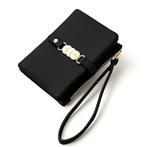 AOXONEL Womens Wallets Small RFID Bifold Wristlet,Ladies Wallets for Card Coin,Change Purse with Wrist Strap (Black)