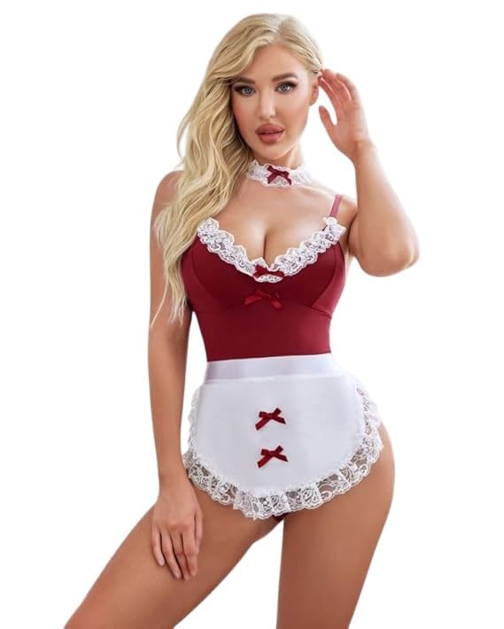 French Maid Lingerie Bodysuit, Burgundy and White, Lace Trim with Bow Details, Costume Set-image-43