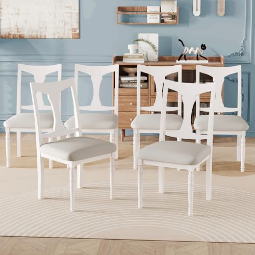 Merax Upholstered Dining Chairs Set of 6, Farmhouse Armless Kitchen Chairs with Solid Wood Legs for Dining Room, Living Room, Beige+White